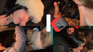 Két csaj együtt szívja a farkam a haver kocójában – perverz tinik vadul élveznek